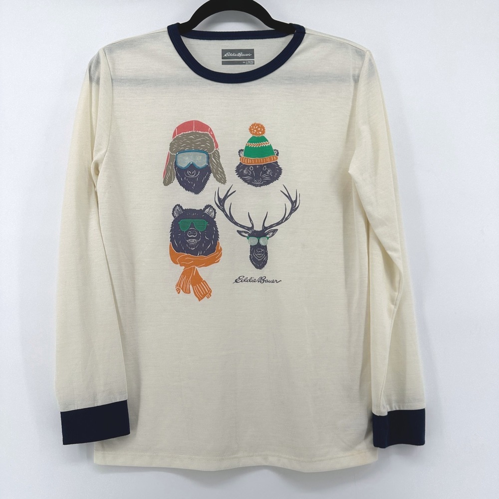 Eddie Bauer Kids L 14/16 Long Sleeve Ringer Graphic Tee Forest Animals Cream